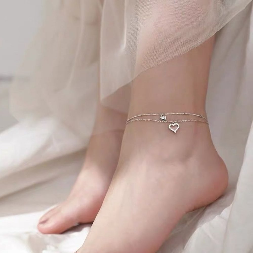 *NEW 925 Sterling Silver Diamond Heart Anklet